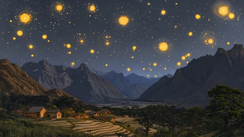 Night Sky Over Mountain Village
