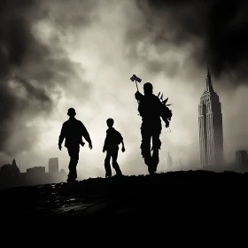 Monochrome Dystopian Cityscape with Figures