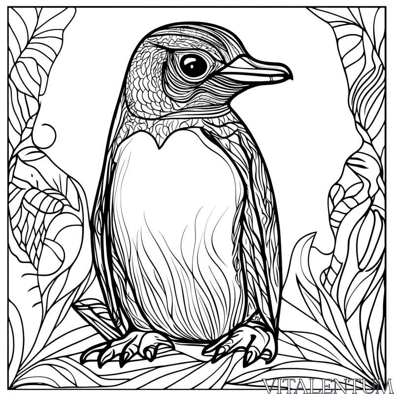 Monochrome Penguin with Leafy Surroundings