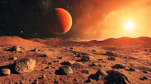 Martian Landscape with Red Planet View