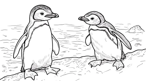 Monochrome Penguin Duo by the Sea