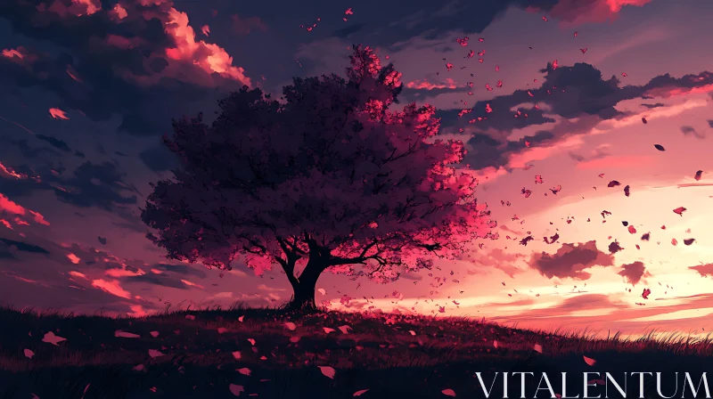 Sunset Tree Silhouette with Falling Leaves