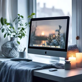 Serene Home Office with Nature Wallpaper
