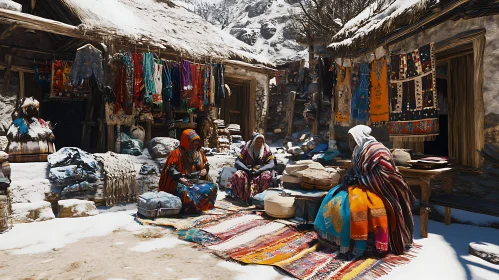 Women in Traditional Clothing at Snowy Market