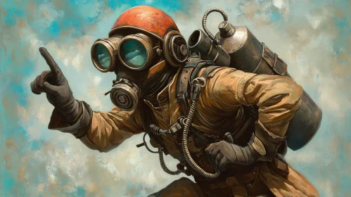Man in Gas Mask Pointing Ahead