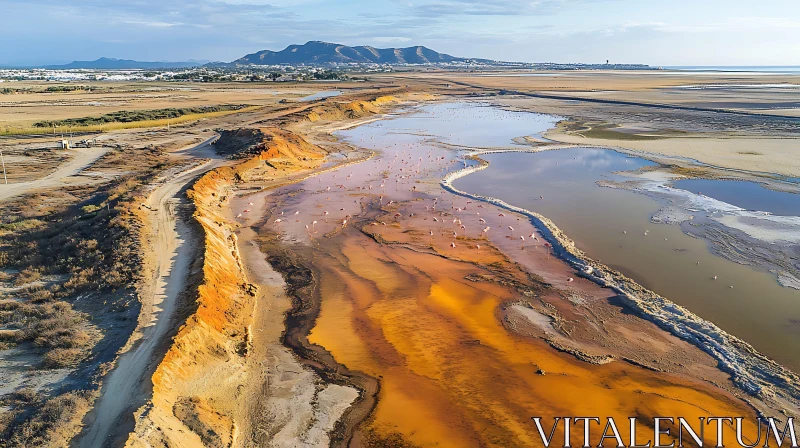 AI ART Aerial View of Vibrant Orange Salt Flats and Flamingos