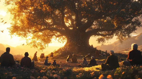 People Meditating Under a Large Tree at Sunset