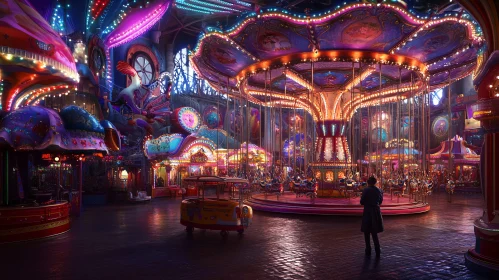 Illuminated Carousel, Amusement Park Scene