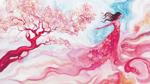 Abstract Woman and Blossoms in Pink Hues