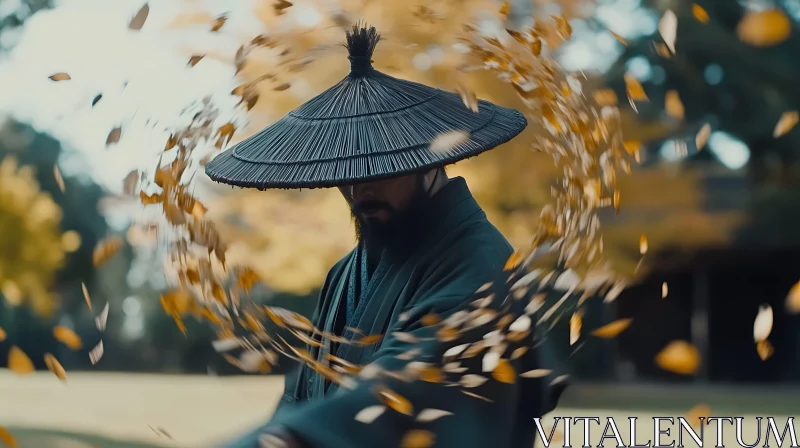 Man in Hat with Falling Leaves