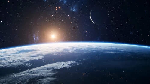 Earth from Space with Moon and Stars