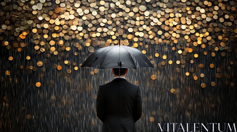 Man with Umbrella in Rain of Coins