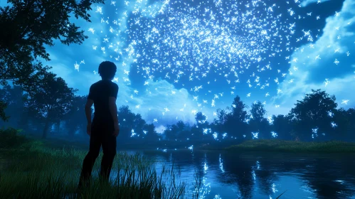 Person Watching Starry Sky by the Lake