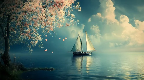 Peaceful Sailboat Scene with Floral Accent