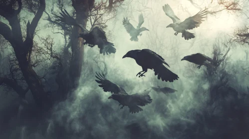 Ravens Flying Through Misty Woods