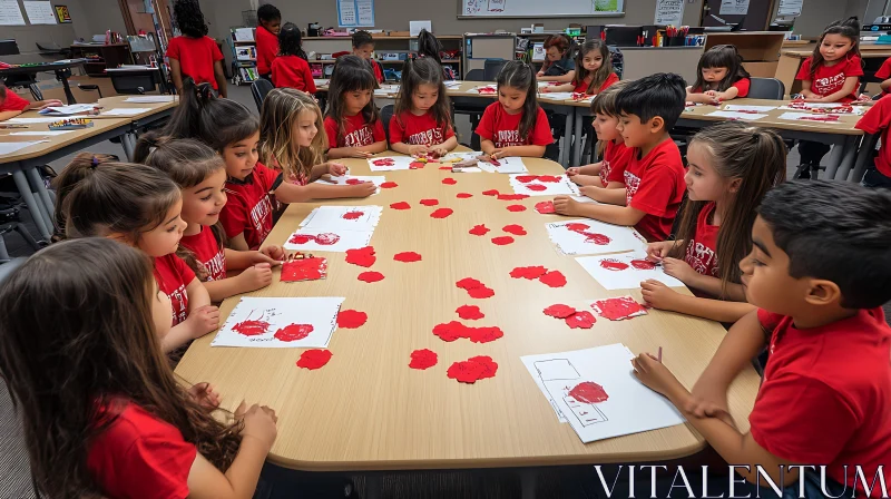 Kids Painting Red Flowers in Classroom