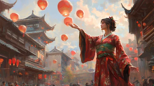 Woman in Kimono with Lanterns