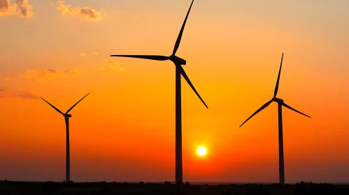 Silhouette Wind Turbines Against Orange Sunset