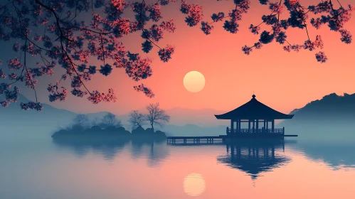 Peaceful Lake Sunset with Cherry Blossoms