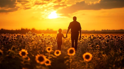 Sunset Stroll: Father and Daughter in Field