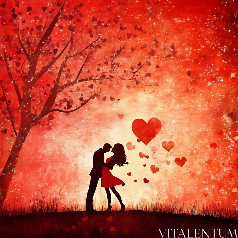 Silhouette Couple in Love with Hearts