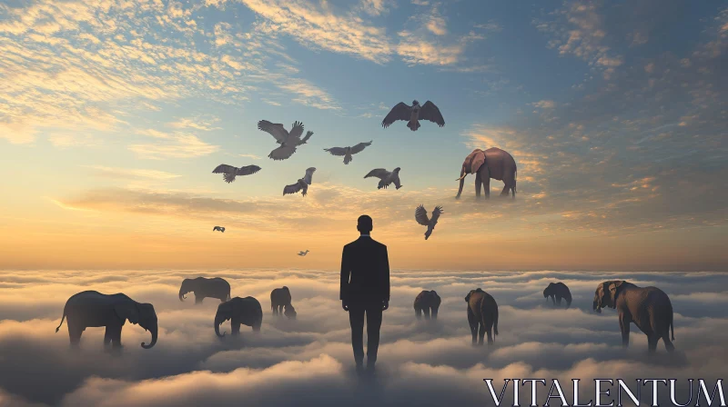 Surreal Dream: Man, Elephants and Birds