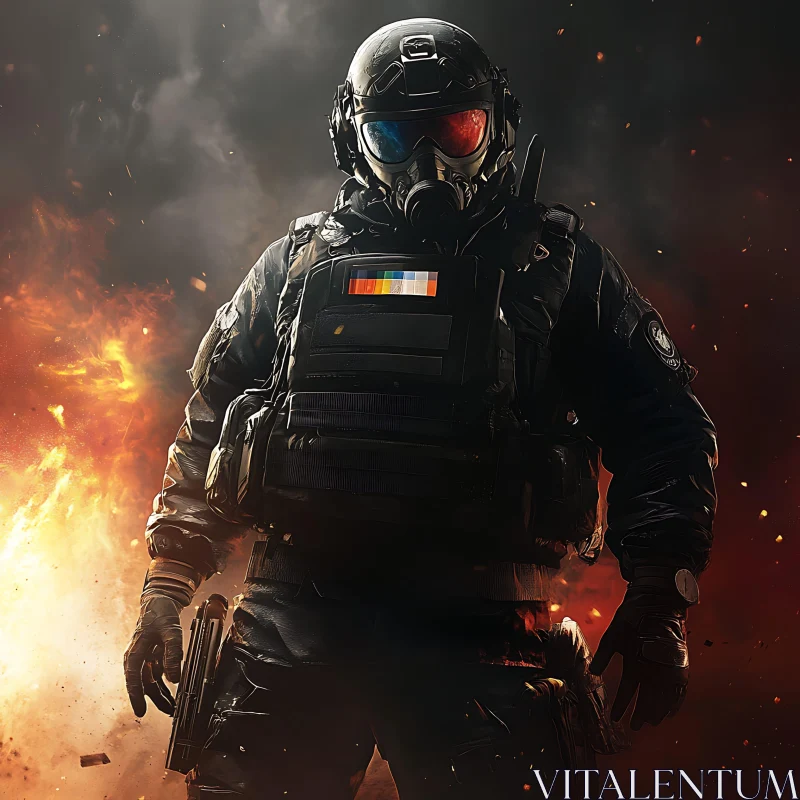 Soldier in Tactical Gear with Fire Background