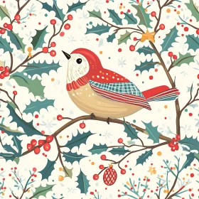 Christmas Bird with Berries Illustration