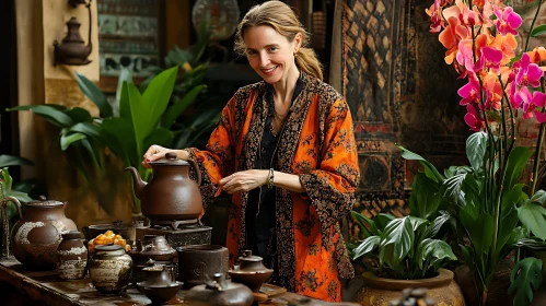 Woman in Robe with Ceramic Collection