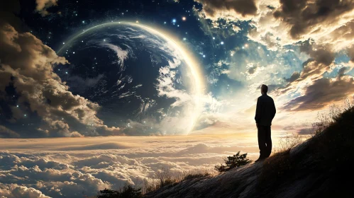 Man Gazing at Planet Rise Above Clouds
