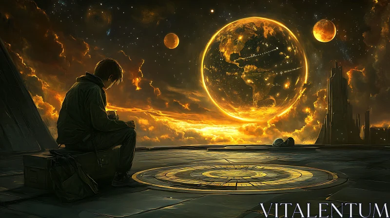 Contemplative Man in the Golden Cityscape