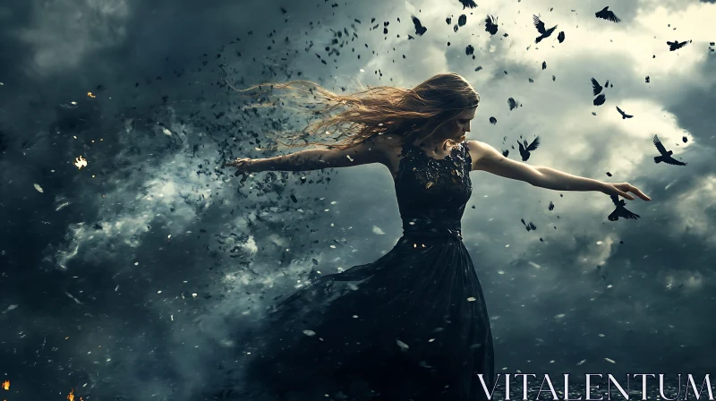 Woman in Dark Dress with Flying Birds