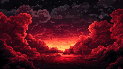 Pixelated Red Sunset Landscape