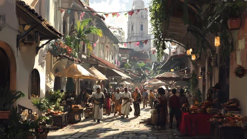 Bustling Market Street in Historic City