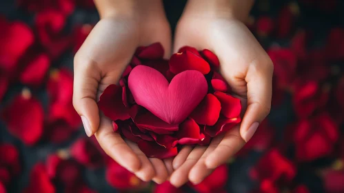 Hands Holding Heart Among Rose Petals