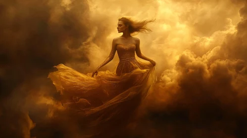 Ethereal Woman in Golden Clouds