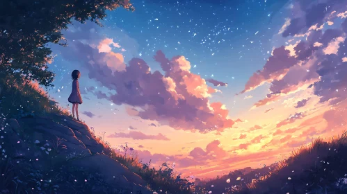 Girl Gazing at Sunset Sky