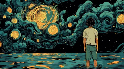 Man Staring at Starry Night Art