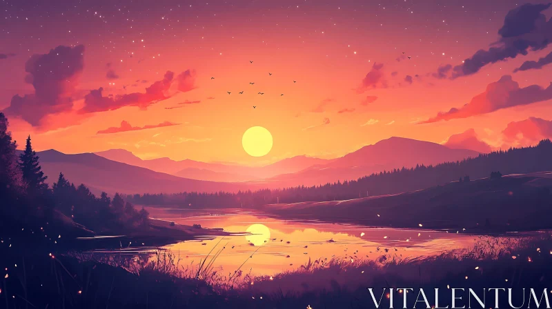 Scenic Lake Sunset with Mountain Silhouette