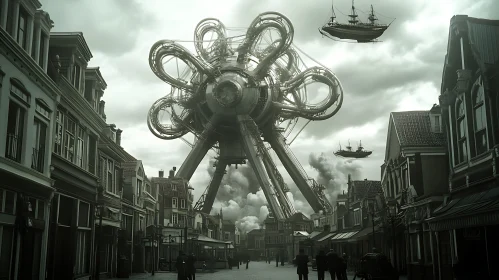 Futuristic Cityscape with Steampunk Elements