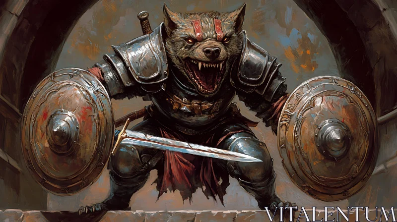 Armored Wolf Warrior with Sword and Shields