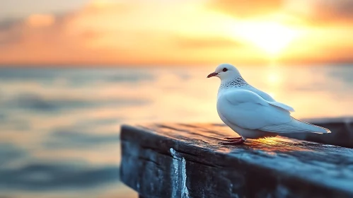 White Pigeon on Pier at Sunset