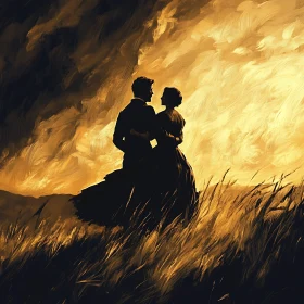Silhouette Couple in Sunset Field Art