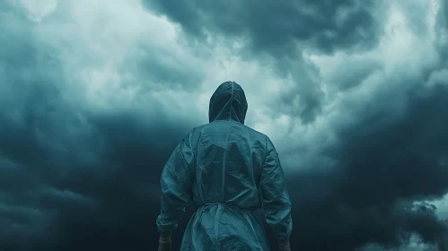 Figure in Protective Gear Amidst Stormy Skies