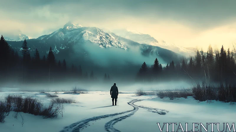 Misty Mountain Wanderer in Winter Scene