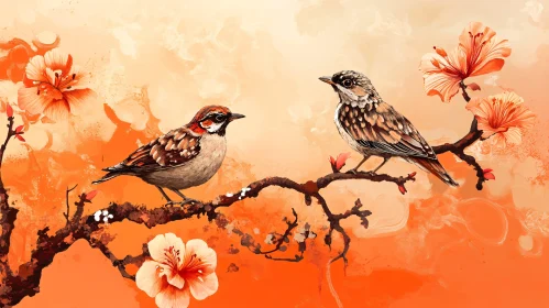 Floral Birds Serenity Orange Artwork