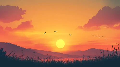 Peaceful Sunset Landscape with Flying Birds