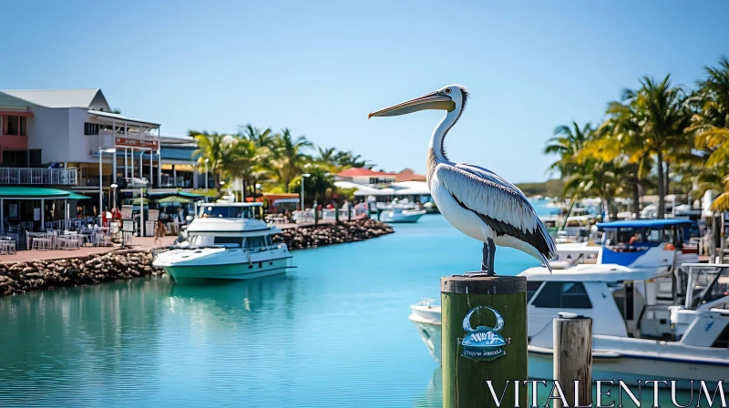 Pelican on Post near Boats AI Image