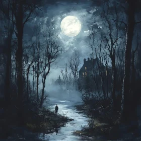 Mysterious Night Landscape with Moon