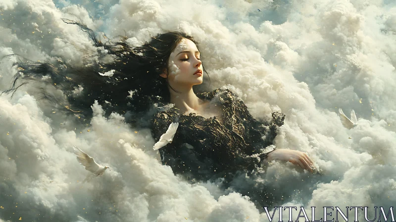 Serene Woman with Doves in Sky